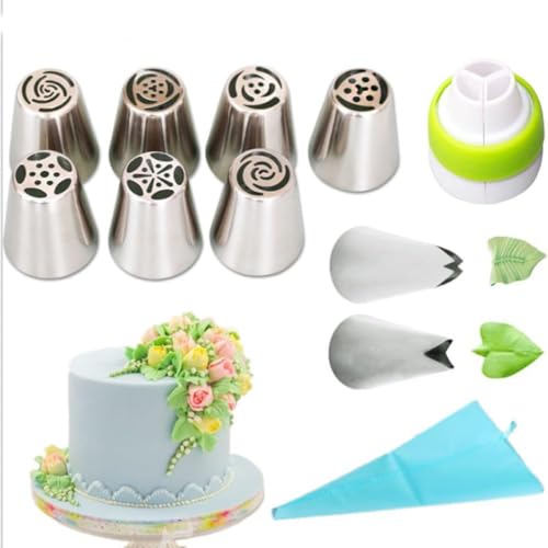 TJLVYCNB Kuchen-Spritztüllen, Gebäcktülle, 5-teilig/11-teilig, Spritztüllen-Set, Tulpe, Edelstahl, Blume, Creme, Kuchen, Gebäcktüllen, Silikonbeutel, Spritztüllen, tragbar(11 PCS) von TJLVYCNB