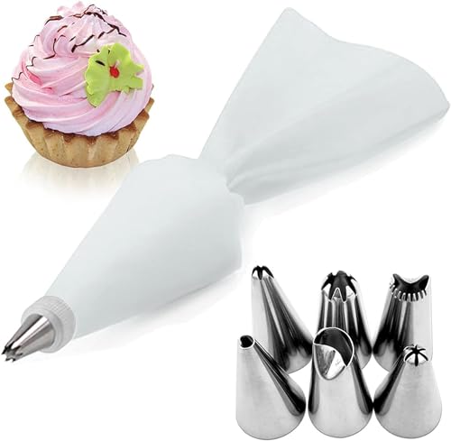 TJLVYCNB Kuchen-Spritztüllen, Spritztüllen, 8 Stück/Beutel Spritztülle, Silikon-Zuckerguss-Spritztülle, Creme-Spritzbeutel + 6 Edelstahl-Kuchentüllen, DIY-Tüllen-Set, tragbar(Bianco) von TJLVYCNB