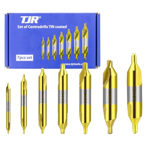 TJR© Set mit 7 TiN-beschichteten Zentrierbohrern - 1mm, 1,5mm, 2mm, 2,5mm, 3mm, 4mm, 5mm - Hochgeschwindigkeitsstahl (HSS) Präzisionsbohrwerkzeug-Set von TJR