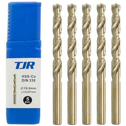 TJR® HSS-E M35 Ø 10mm Kobalt Spiralbohrer Set 5 Stück, Selbstzentrierend, Schnellarbeitsstahl, DIN 338 Typ N, 135° Splitterschneide, Metallbohren für Stahl, Edelstahl und Gusseisen von TJR