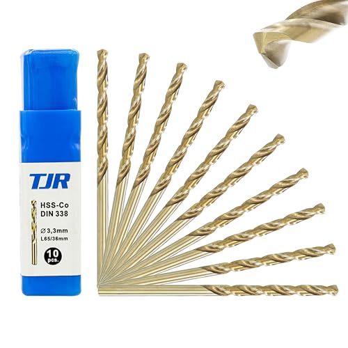 TJR® HSS-E M35 Ø 3,3mm Kobalt Spiralbohrer Set 10 Stück, Selbstzentrierend, Schnellarbeitsstahl, DIN 338 Typ N, 135° Splitterschneide, Metallbohren für Stahl, Edelstahl und Gusseisen von TJR