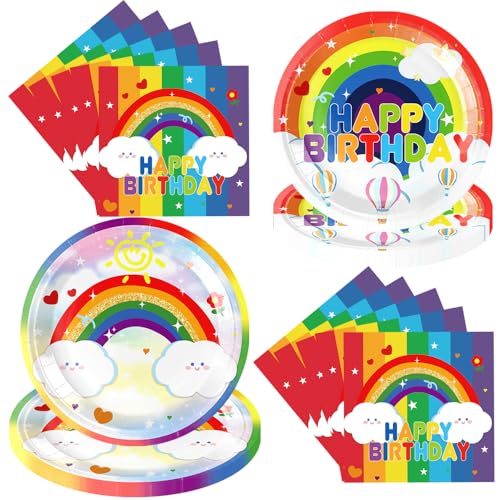 Regenbogen Thema Party Teller Servietten 60pcs Regenbogen Geburtstag Party Geschirr Set für Kinder Geburtstag Baby Shower Party Dekorationen für 20 Gäste (Weiß) von TJSWYADGS