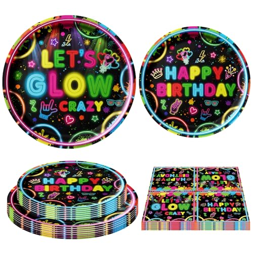 120 Packung leuchtende Neon Party Zubehör Neon Geburtstag Party Dekorationen leuchtende Party Geschirr Let's Glow Supplies einschließlich Platten Servietten für Neon-Thema Party Supplies Serves 40 von TJYJOY