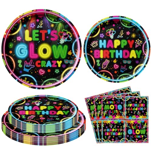 120 Packung leuchtende Neon Party Zubehör Neon Geburtstag Party Dekorationen leuchtende Party Geschirr Let's Glow Supplies einschließlich Platten Servietten für Neon-Thema Party Supplies Serves 40 von TJYJOY