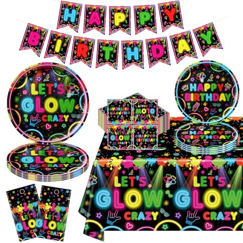 123 Pack leuchtende Neon Party Zubehör leuchtende Party Geschirr Neon Geburtstag Party Dekorationen einschließlich Platten Banner Servietten Tischdecken für leuchtende Neon Thema Party Zubehör dient 4 von TJYJOY