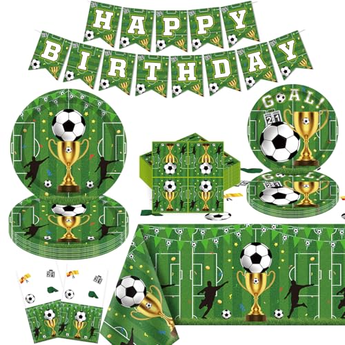 123 Packung Fußball Party Dekorationen Fußball Party Zubehör Set Fußball Thema Zubehör Sport Themed Birthday Party Supplies enthalten Teller Servietten Banner Party Tischdecke dient 40 von TJYJOY