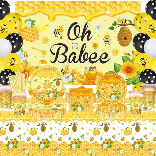 150 Stücke Biene Party Supplies Honig Biene Party Deko Oh Baby Biene Hintergrund Banner Bienen-Themengeschirr und Ballons Set für Baby Shower Gender Reveal Kinder Geburtstag Party Supplies von TJYJOY