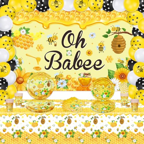 146 Stücke Biene Party Supplies Honig Biene Party Deko Oh Baby Hintergrund Banner Bienen-Themengeschirr und Ballons Set für Baby Shower Gender Reveal Kinder Geburtstag Supplies von TJYJOY