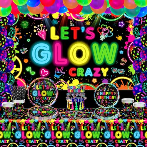 160 Packung leuchtende Neon Party Zubehör leuchtende Party Geschirr Set Neon Geburtstag Party Dekorationen einschließlich Platten Backdrop Ballons Tischdecken Neon Thema Party Zubehör serviert 40 von TJYJOY