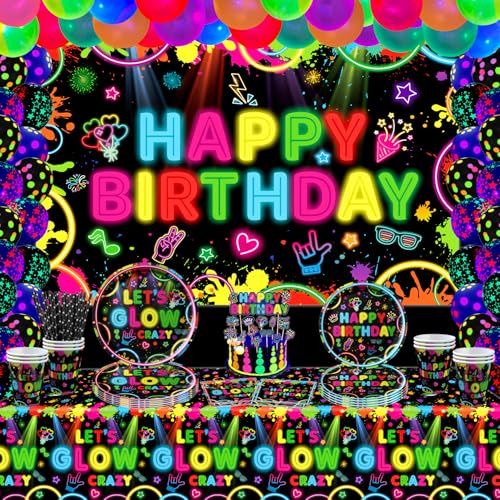 160 Stück Glow Neon Party Supplies Neon Geburtstag Party Dekorationen Glow Party Geschirr Set Inklusive Teller Hintergrund Luftballons Servietten Tischdecken Neon im Dunkeln Thema Party Supplies von TJYJOY