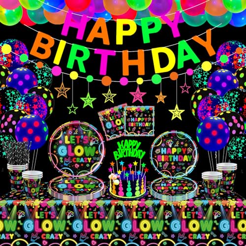 162 Pack Glow Party Geschirr Set Glow Neon Party Supplies Neon Geburtstag Party Dekorationen Einschließlich Teller Banner Luftballons Servietten Tischdecken Neon in Dark Thema Party Supplies Serves 40 von TJYJOY