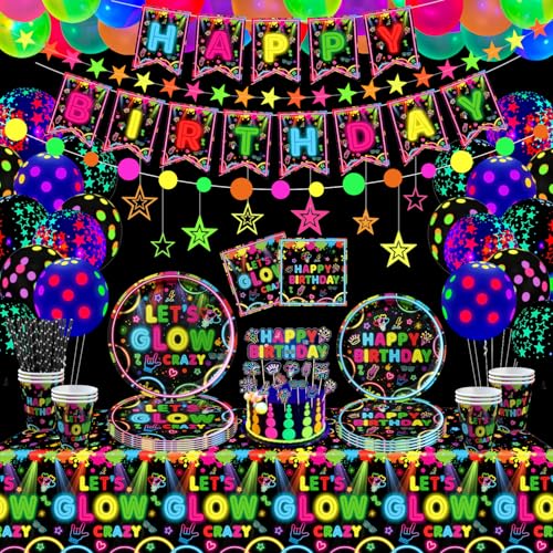 163 Pack Glow Neon Party Supplies Glow Party Geschirr Set Neon Geburtstag Party Dekorationen Einschließlich Teller Banner Luftballons Servietten Tischdecken Neon in Dark Thema Party Supplies Serves 40 von TJYJOY