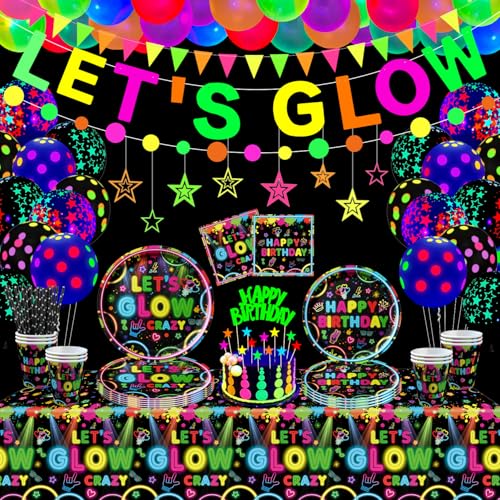 163 Pack Glow Neon Party Supplies Neon Geburtstag Party Dekorationen Glow Party Geschirr Set Einschließlich Teller Banner Luftballons Servietten Tischdecken Neon in Dark Thema Party Supplies Serves 40 von TJYJOY