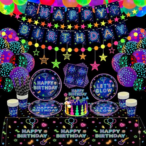 180 Stück Glow Party Supplies Neon Partygeschirr Set Neon Ballon Glow in the Dark Happy Birthday Plates Banner Hanging Stars Cake Topper Servietten Tassen für Schwarzlicht Party Dekorationen von TJYJOY