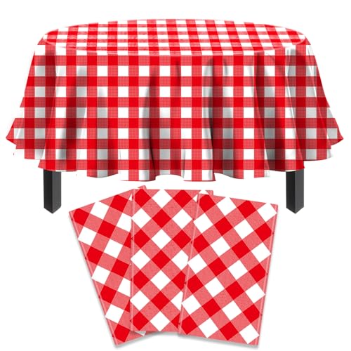 3 Pack Rot Runde Tischdecke Rote und weiße kreisförmige Karierte Tischdecken Klassisch Rot Runde Tischdecke Outdoor und Indoor Party Dekorationen für Picknick Grill Urlaub Party Supply 84 Zoll von TJYJOY