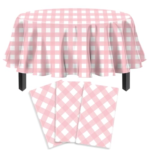 3 Pack rosa runde Tischdecke rosa und weiß kreisförmig Karierten Tisch deckt Klassische rosa runde Tischdecke Outdoor-und Indoor-Party Dekorationen für Picknick Grill Urlaub Party Supply 84 Zoll von TJYJOY