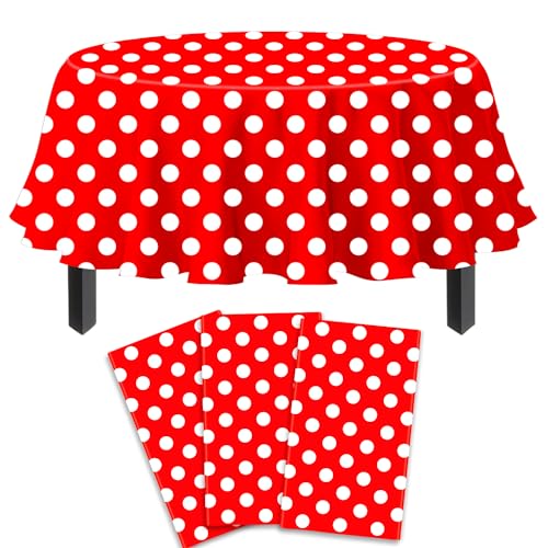 3 Pack rot und weiß Polka Dots Runde Tischdecke Rot Runde Tischdecke mit weißen Polka Dot Runde Kunststofftischdecke 84 IN Runde für Küche Essen Hochzeit Party von TJYJOY