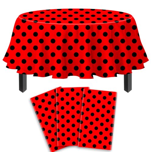 3 Pack schwarz und rot Polka Dots Runde Tischdecke Red&Black Polka Dot Outdoor Tischdecke Runde Tischdecke Runde Kunststofftischdecke 84 IN Runde für Küche Essen Hochzeit Party von TJYJOY