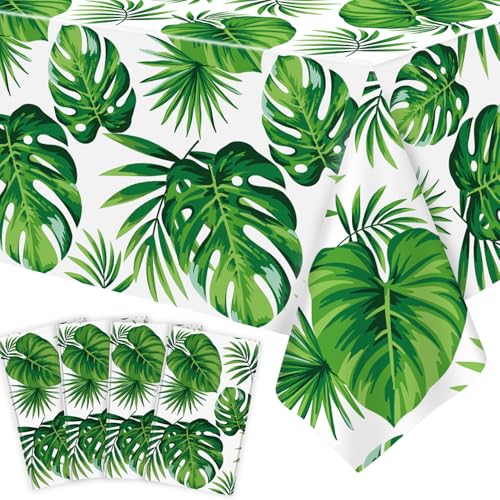 4 Stück Einweg Hawaii Palmenblätter Tischdecken Grüne Blätter Monstera Rechteckig Tischdecke Wasserdicht Tropisch Dschungel Tischtuch für Sommer Geburtstag Partei Schwimmbad Dekorationen 130 x 220 cm von TJYJOY