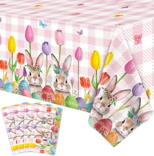 4 Pack Ostern Tischdecke Frühling Tulpen Büffel Osterhase Tischdecke Einwegrechteck Ostern Tischdecke Osterdekoration Picknick Frühling Osterparty Zubehör 51 x 86 Zoll von TJYJOY