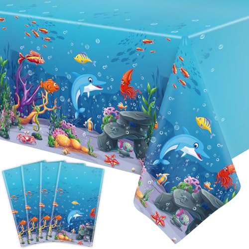 4 Stück Ocean Animals Tischdecken Ocean Waves Unterwasser-Tischdecke Under The Sea Tischdecke Ocean Sea Life Tischdecke Ocean Animal Table Clothes für Sommer Strand Pool Geburtstag Party Dekoration von TJYJOY