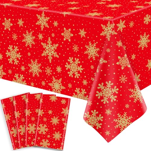 4 Pack Xmas Tischtuch Weihnachten Schneeflocke Tischtuch Goldene Schneeflocke Rot Backdrop Tabelle deckt Weihnachten Party Dekorationen für Winter Weihnachten Urlaub Neujahr Party Supply 51 x 86 Zoll von TJYJOY