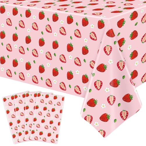 4 Stück rosa Erdbeer-Tischdecke Erdbeer-Tischdecke Erdbeer-Party-Tischdecke Erdbeer-Tischdecken Erdbeer-Geburtstags-Party-Tischdecke für Sommer-Strand-Pool-Party Supply 51 x 86 Zoll von TJYJOY