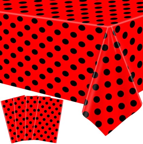 4 Pack schwarz und rot Polka Dots Rechteckige Tischdecke Red&Black Polka Dot Outdoor Tischdecke Rechteckige Tischdecke Kunststoff Tischdecke für Küche Essen Hochzeit Party 51 x 86 Zoll von TJYJOY