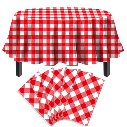 6 Pack Rot Runde Tischdecke Rote und weiße kreisförmige Karierte Tischdecken Klassisch Rot Runde Tischdecke Outdoor und Indoor Party Dekorationen für Picknick Grill Urlaub Party Supply 84 Zoll von TJYJOY