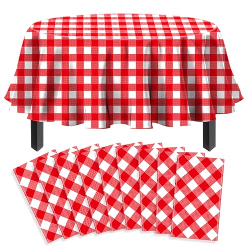 9 Pack Rot Runde Tischdecke Rote und weiße kreisförmige Karierte Tischdecken Klassisch Rot Runde Tischdecke Outdoor und Indoor Party Dekorationen für Picknick Grill Urlaub Party Supply 84 Zoll von TJYJOY