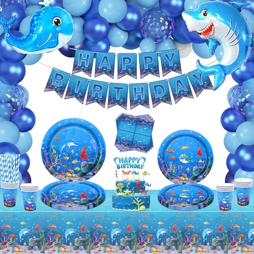 Partygeschirr 169 Stück unter dem Meer Partyzubehör Ozean Meer Party Geschirr Set Teller Tassen Servietten Tischdecke Banner Ballons Kuchen Topper für Ozean Tier Party Dekorationen serviert 20 von TJYJOY