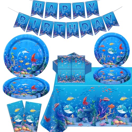 TJYJOY 123 unter dem Meer Party Supplies Ozean Tier Geburtstag Party Dekorationen Ozean unter dem Motto alles Gute zum Geburtstag liefert enthalten Teller Servietten Banner Tischdecke für 40 Gäste von TJYJOY