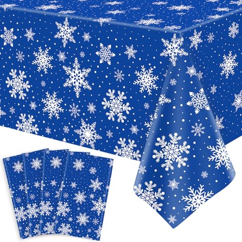 TJYJOY Tiefblaue Boden Schnee Tischtuch Vier Gruppen 4 Pack Xmas weiß Schneeflocke blau Backdrop Tabelle deckt Xmas Party Dekorationen für Winter Weihnachten Urlaub Neujahr Party Supply 51 x 86 Zoll von TJYJOY