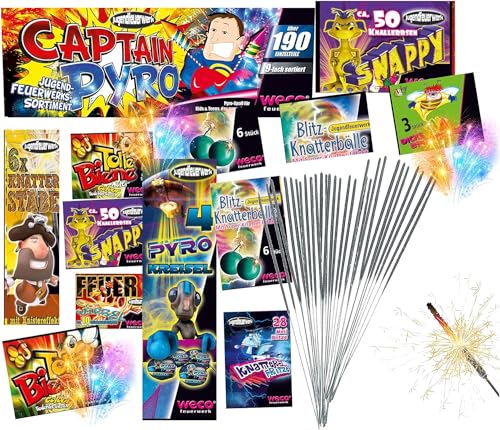 happy sparks® 3x XXL SET 190 Teile Captain Pyro Jugendfeuerwerk Tischfeuerwerk mit Tischbomben & Wunderkerzen & Knallerbsen uvm für Partys & Feuerwerk Silvester Kat. F1 für Jugendlichen & Kinder 2024 von TK Gruppe Timo Klingler