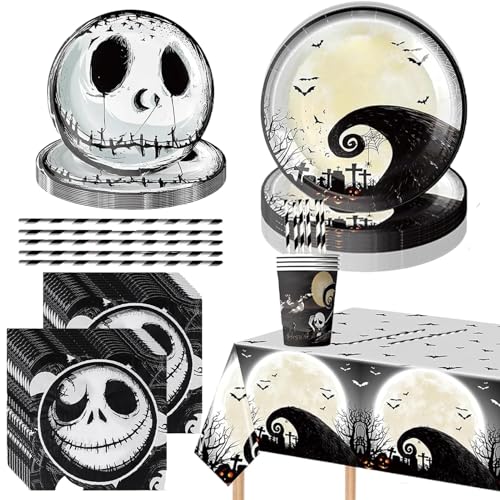 TKGEOUE Halloween Partygeschirr Set, 51 Stück Halloween Partygeschirr Skelett Geschirr Set, Halloween Skelett Teller Becher Servietten, Halloween Tischdeko für Kinder, Dekoration 10 Gäst von TKGEOUE