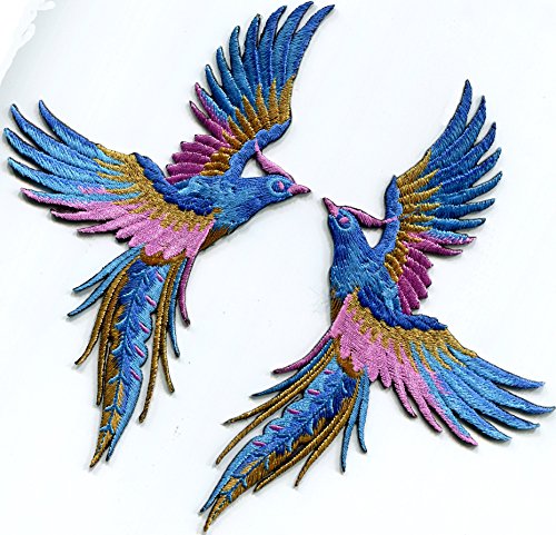 Phoenix Phenix Vögel Azurblau Rosa Gold gestickte Applikationen Bügelbilder Paar S-1338 von TKPatch