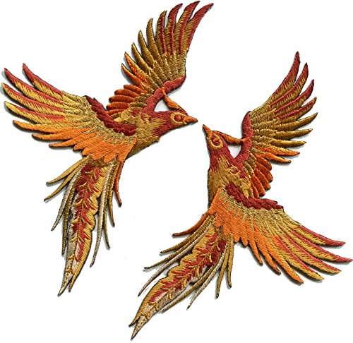 Phoenix phenix birds cinnamon brown gold embroidered appliques iron-on patches pair S-1335F von TKPatch