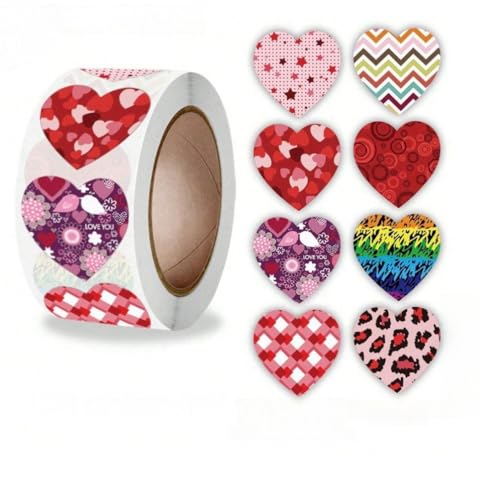 1 Roll (500 Stück) Herz Aufkleber Geschenkaufkleber Heart Sticker Rund Selbstklebende Etiketten Liebe Hochzeit Aufkleber Deko Herz Sticker für Valentinstag für Hochzeiten, Scrapbooking, Geschenke (B) von TKSJROL