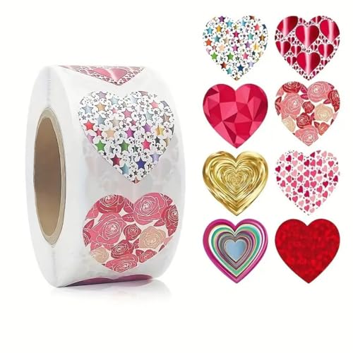 1 Roll (500 Stück) Herz Aufkleber Geschenkaufkleber Heart Sticker Rund Selbstklebende Etiketten Liebe Hochzeit Aufkleber Deko Herz Sticker für Valentinstag für Hochzeiten, Scrapbooking, Geschenke (A) von TKSJROL