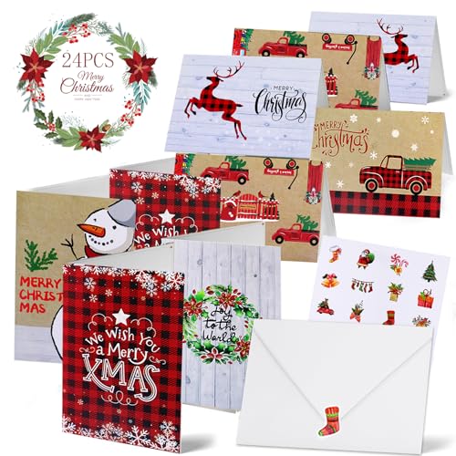 TLDNZXY Weihnachtskarten mit Umschlag Set, 24er Postkarten Grußkarten Weihnachten Set, A6 Weihnachtskarte Christmas Cards English, Karten Weihnachten Klappkarten mit Aufkleber für Familie, Freunde von TLDNZXY