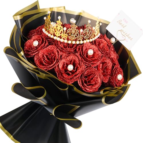 TLY Glitzer Rosen Blumenstrauß Rote Rosen Künstliche Blumen mit Blume Geschenkpapier Kronen Karten für Valentinstag Jahrestag Verlobung Hochzeit (24, Rot) von TLY