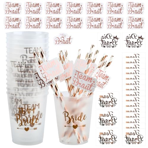 16 Set JGA Becher Braut Team Tassen,JGA Becher Bride Tribe Cups mit 16 Team Braut Strohhalme,20 JGA Bride to be Tattoo,Rose Gold Bridal Dusche Tassen,Bachelorette Party Cups für Verlobungsfeier von TMBMLPP