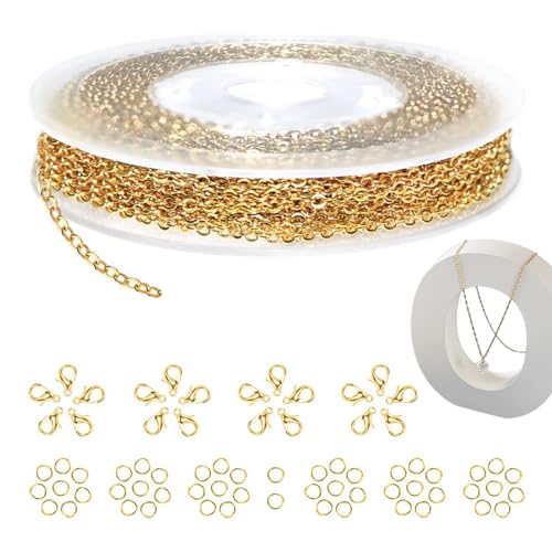 Gold Überzogen Gliederkette Halskette,Gliederkette Schmuck,Ketten Gliederkette,10 m Gold Gliederkette Schmuckherstellung,Enthält 50 Sprungringe und 20 Karabinerhaken für DIY-Schmuck von TMRBBesty