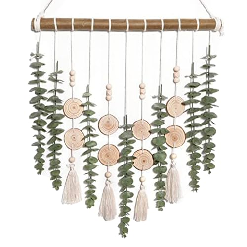 TMTGTS Boho-Wanddekoration mit Holzstab Künstlicher Eukalyptus Pflanzen Wandbehang Girlande Dekor Wandteppich mit Holzperlen Simulierte Grüne Eukalyptusblätter für Schlafzimmer Badezimmer Küche(4#) von TMTGTS