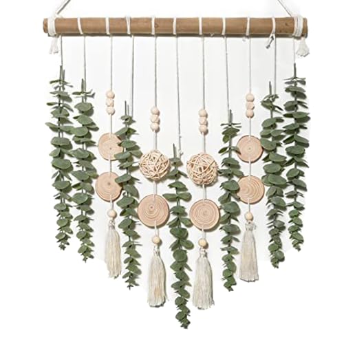 TMTGTS Boho-Wanddekoration mit Holzstab Künstlicher Eukalyptus Pflanzen Wandbehang Girlande Dekor Wandteppich mit Holzperlen Simulierte Grüne Eukalyptusblätter für Schlafzimmer Badezimmer Küche(1#) von TMTGTS