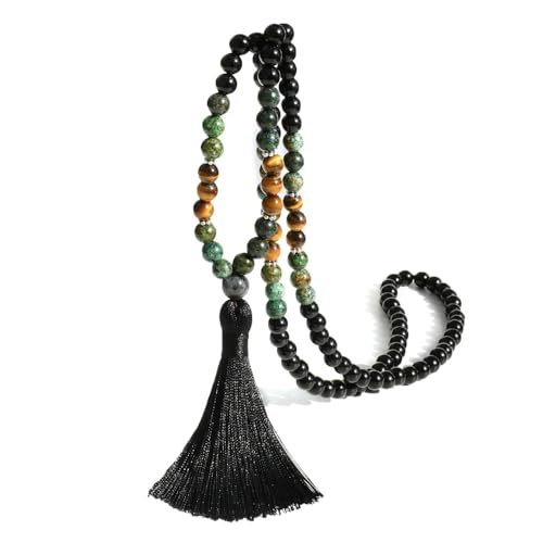 TMTGTS Halskette Quaste 1 Stück Mala Kette 108 Perlen Kette Böhmen Beads Kette Pullover Kette Buddhismus Kette Achat Schmuck Naturstein Schmuck Kette für Männer Damen Yoga Reiki Chakra Heilung(4#) von TMTGTS