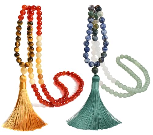 TMTGTS Halskette Quaste 2 Stück Mala Kette 108 Perlen Kette Böhmen Beads Kette Pullover Kette Buddhismus Kette Achat Naturstein Schmuck Kette für Männer Damen Yoga Reiki Chakra Heilung (Mixed1#) von TMTGTS