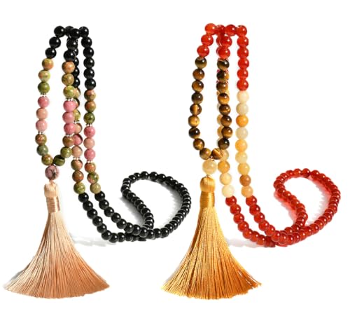 TMTGTS Halskette Quaste 2 Stück Mala Kette 108 Perlen Kette Böhmen Beads Kette Pullover Kette Buddhismus Kette Achat Naturstein Schmuck Kette für Männer Damen Yoga Reiki Chakra Heilung (Mixed5#) von TMTGTS