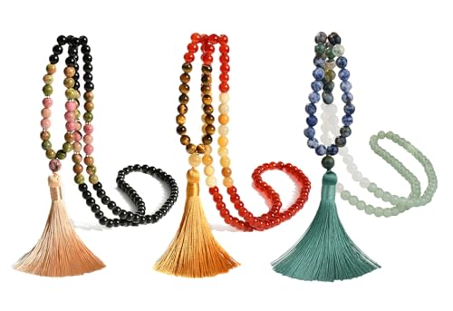 TMTGTS Halskette Quaste 3 Stück Mala Kette 108 Perlen Kette Böhmen Beads Kette Pullover Kette Buddhismus Kette Achat Naturstein Schmuck Kette für Männer Damen Yoga Reiki Chakra Heilung (Mixed10#) von TMTGTS