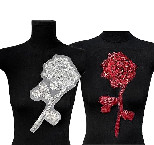 TMTGTS Perlen Applikation 2 Stück 3D Blumen Spitze Stickerei Pailletten Patches Strass Tüll Besatz Applikation Aufnäher Glitzer für Kleidung Hochzeitskleid Deko Ornamente Aufnähen Aufbügeln(2#+3#) von TMTGTS